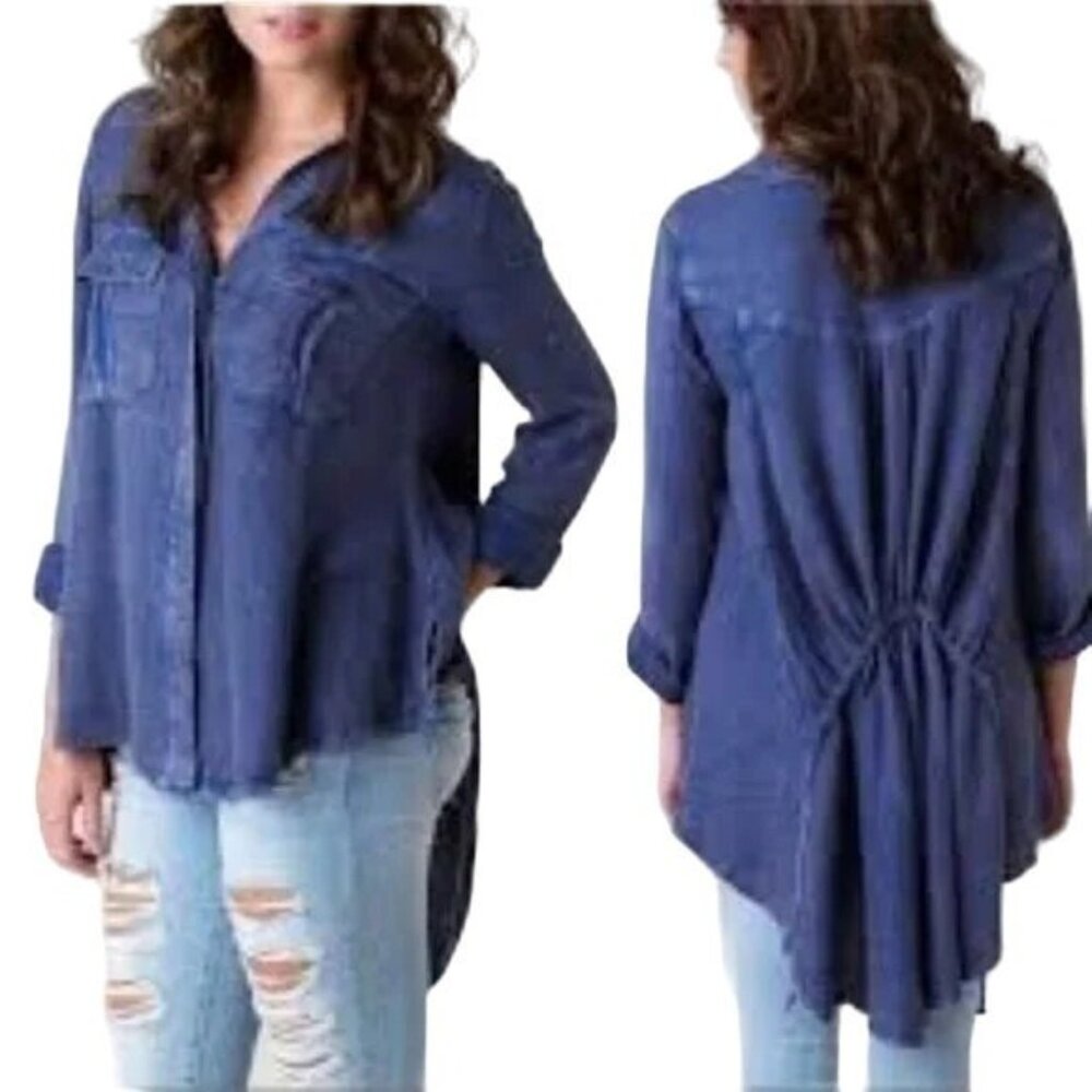 Free People Blue High-Low Button Down Top